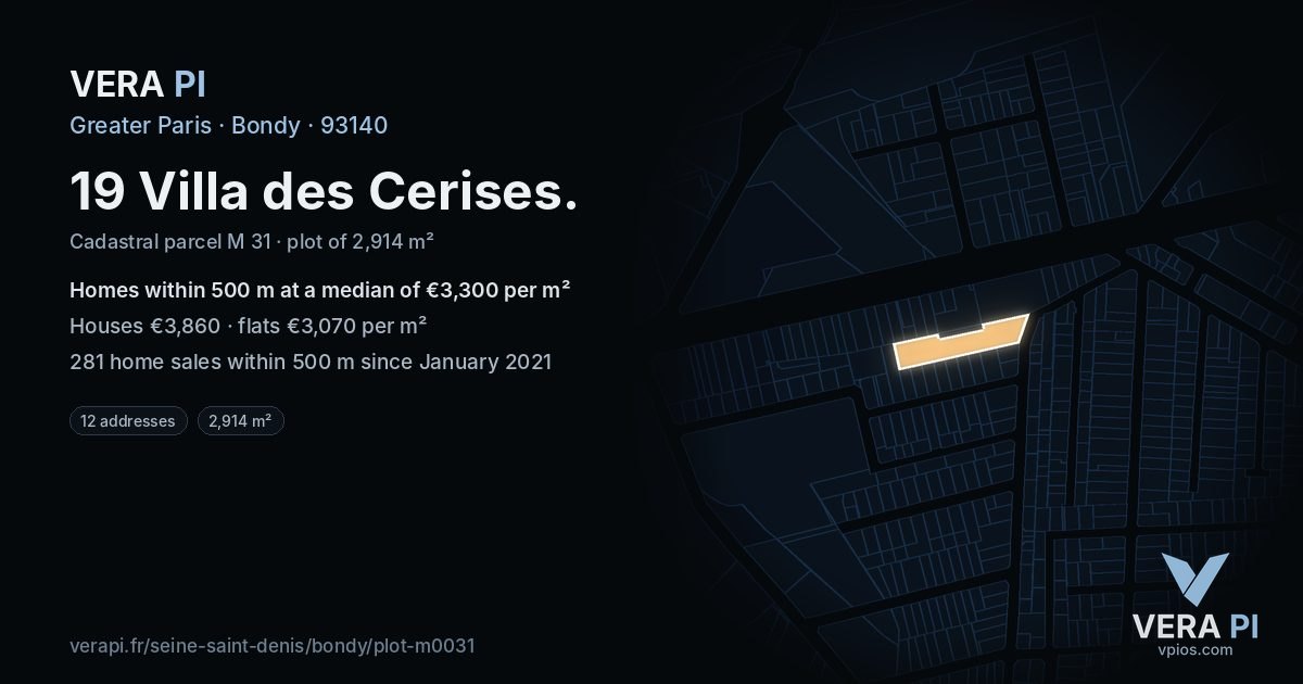 19 Villa des Cerises, Bondy at night – the plot lit, the parcels around coloured by the prices near them
