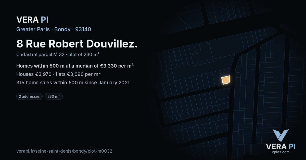 8 Rue Robert Douvillez, Bondy at night – the plot lit, the parcels around coloured by the prices near them