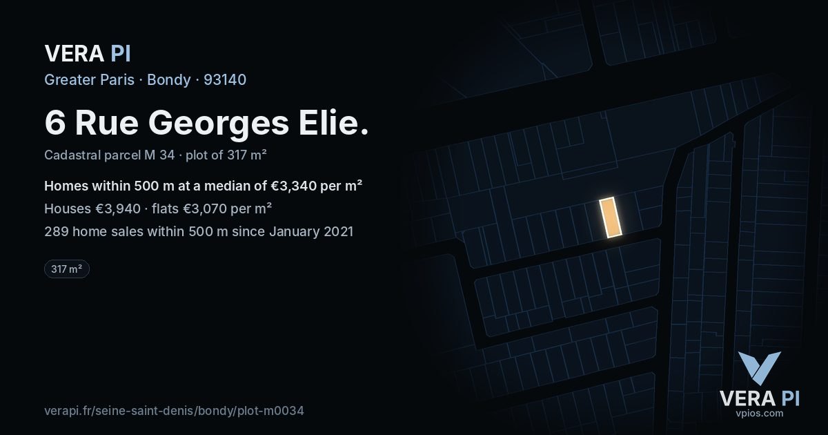 6 Rue Georges Elie, Bondy at night – the plot lit, the parcels around coloured by the prices near them