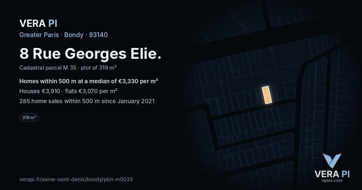 8 Rue Georges Elie, Bondy at night – the plot lit, the parcels around coloured by the prices near them