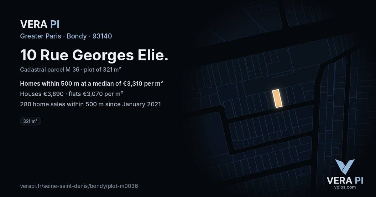 10 Rue Georges Elie, Bondy at night – the plot lit, the parcels around coloured by the prices near them