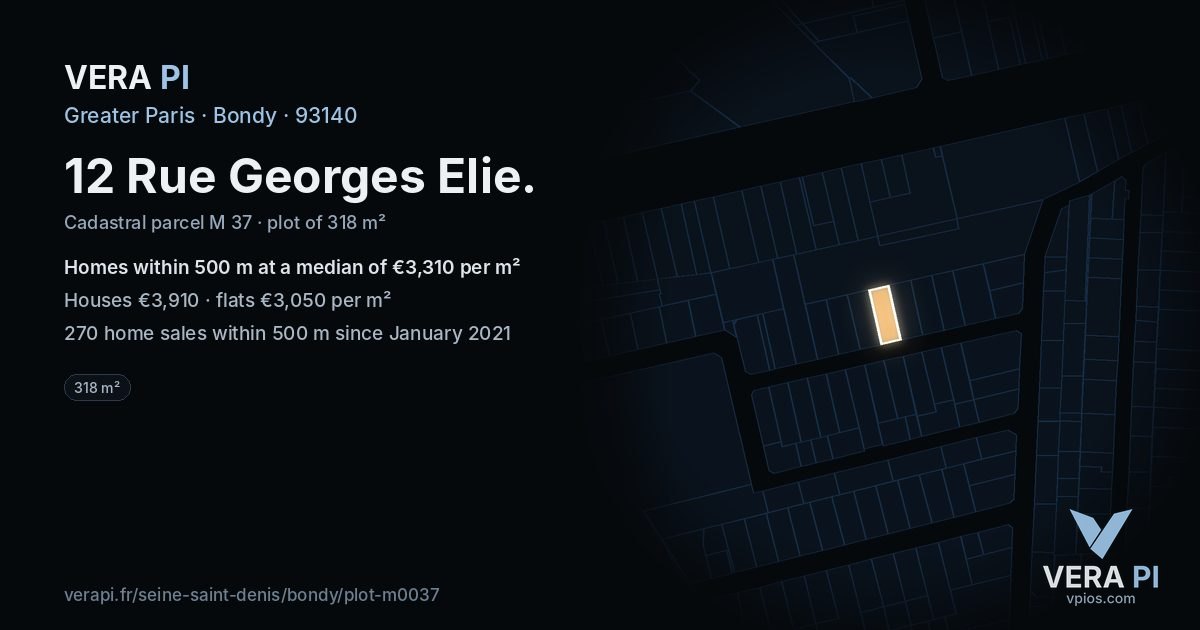 12 Rue Georges Elie, Bondy at night – the plot lit, the parcels around coloured by the prices near them