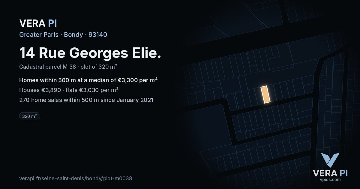 14 Rue Georges Elie, Bondy at night – the plot lit, the parcels around coloured by the prices near them