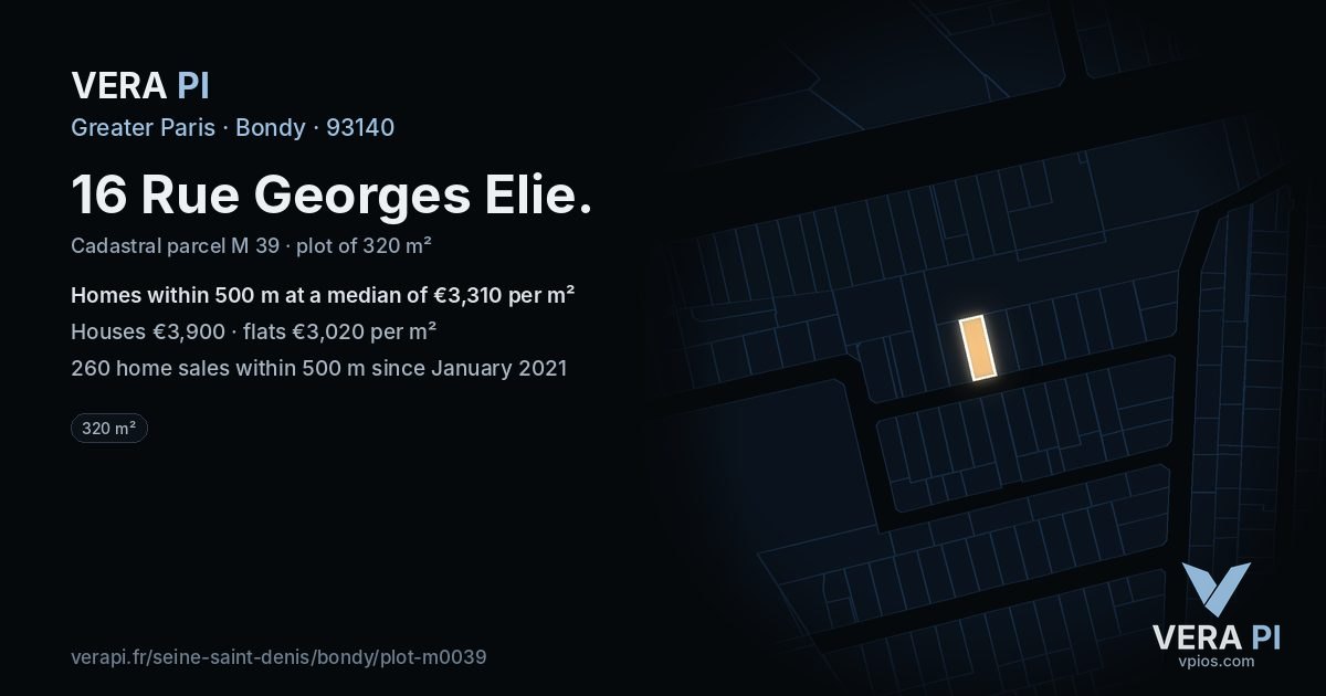 16 Rue Georges Elie, Bondy at night – the plot lit, the parcels around coloured by the prices near them