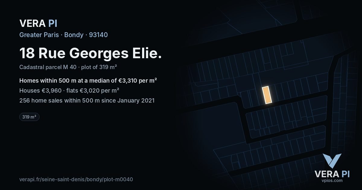 18 Rue Georges Elie, Bondy at night – the plot lit, the parcels around coloured by the prices near them