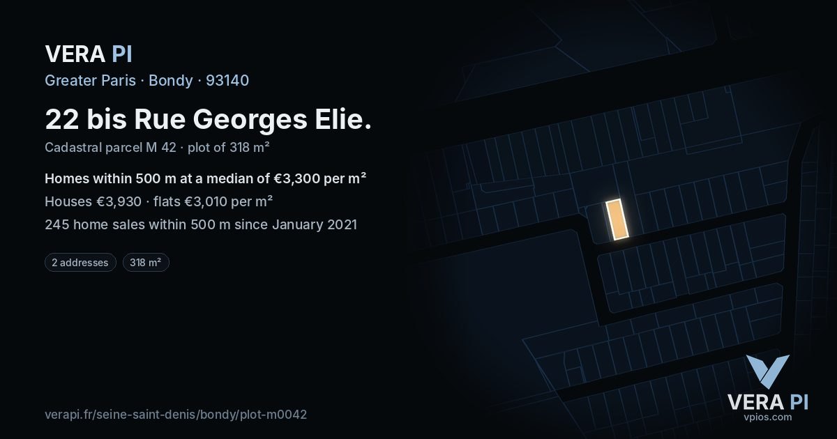 22 bis Rue Georges Elie, Bondy at night – the plot lit, the parcels around coloured by the prices near them