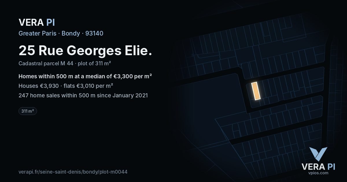 25 Rue Georges Elie, Bondy at night – the plot lit, the parcels around coloured by the prices near them