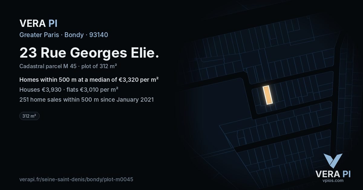 23 Rue Georges Elie, Bondy at night – the plot lit, the parcels around coloured by the prices near them