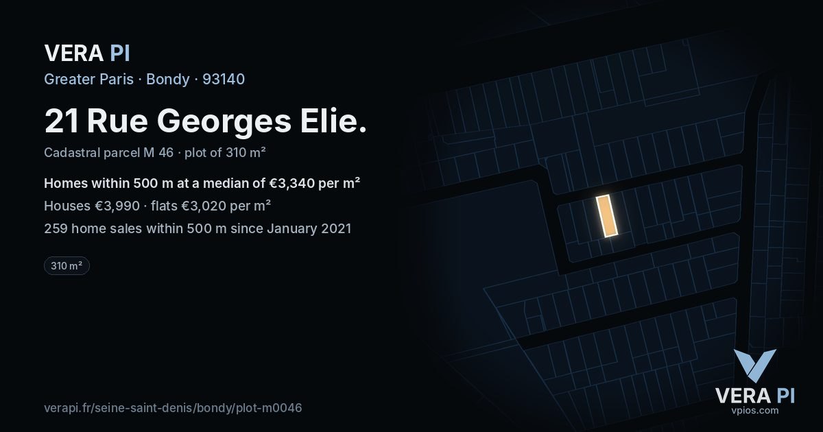 21 Rue Georges Elie, Bondy at night – the plot lit, the parcels around coloured by the prices near them