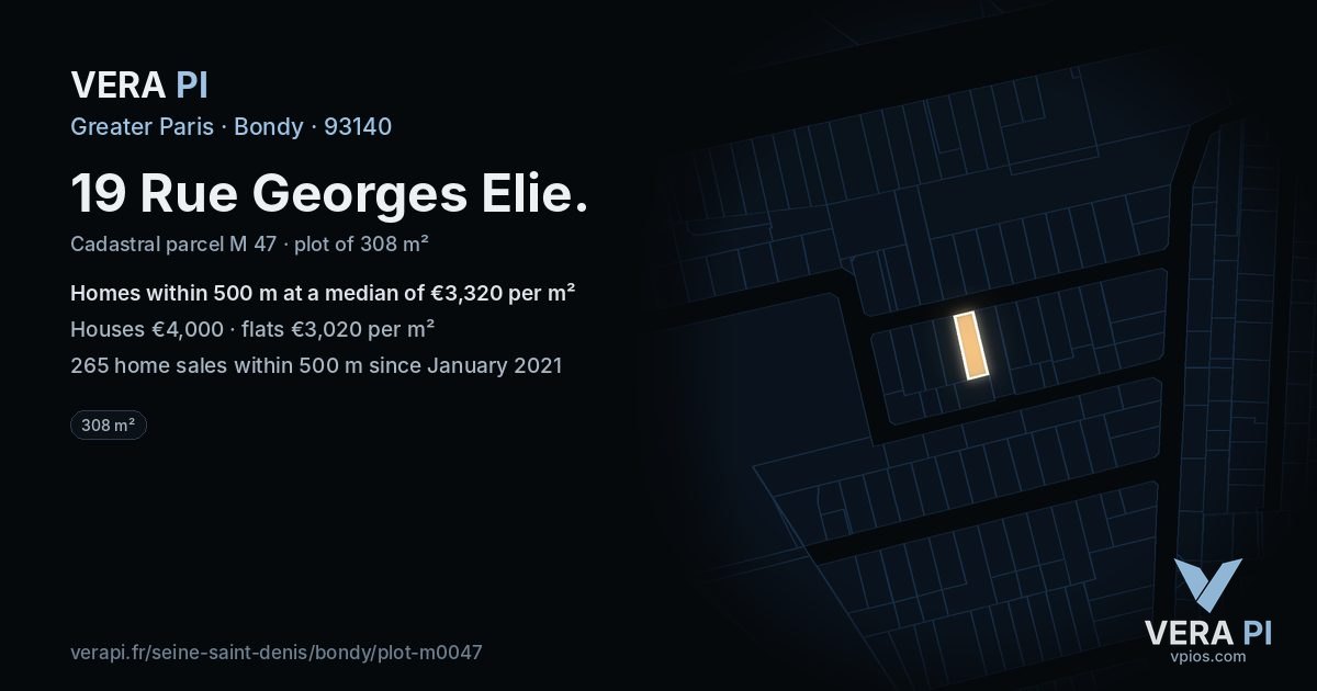 19 Rue Georges Elie, Bondy at night – the plot lit, the parcels around coloured by the prices near them