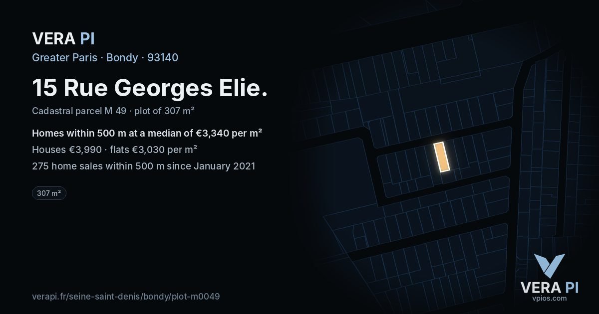 15 Rue Georges Elie, Bondy at night – the plot lit, the parcels around coloured by the prices near them