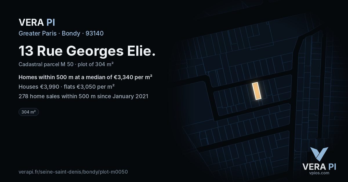 13 Rue Georges Elie, Bondy at night – the plot lit, the parcels around coloured by the prices near them