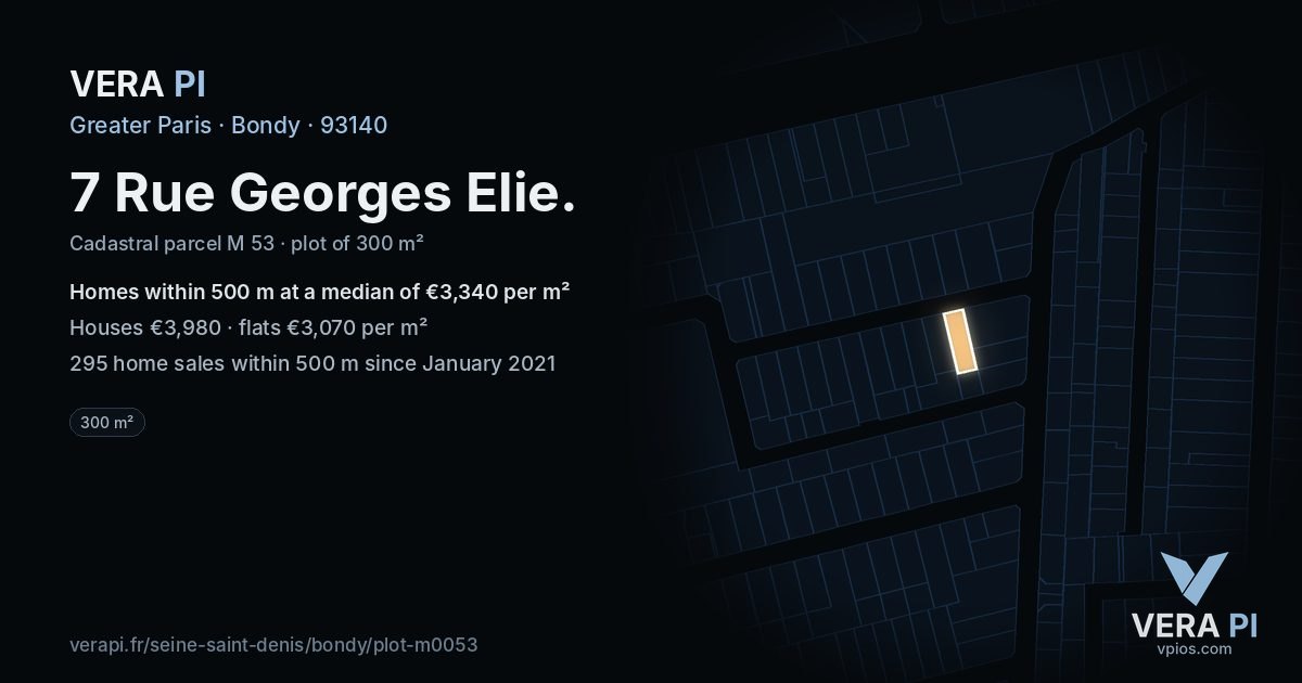 7 Rue Georges Elie, Bondy at night – the plot lit, the parcels around coloured by the prices near them