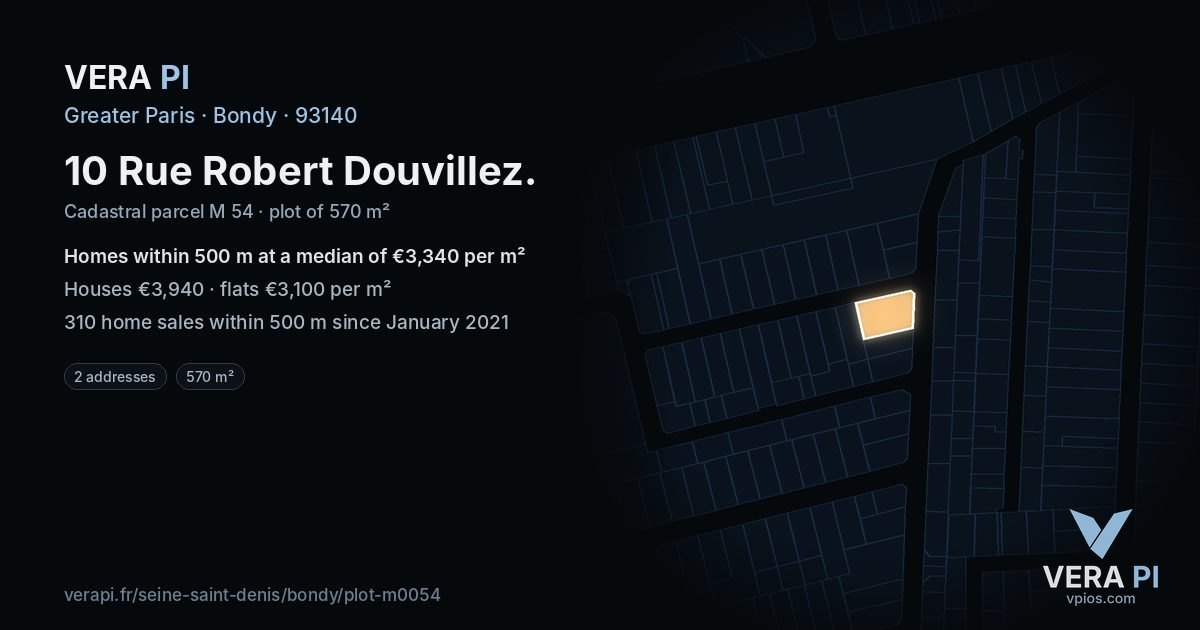 10 Rue Robert Douvillez, Bondy at night – the plot lit, the parcels around coloured by the prices near them
