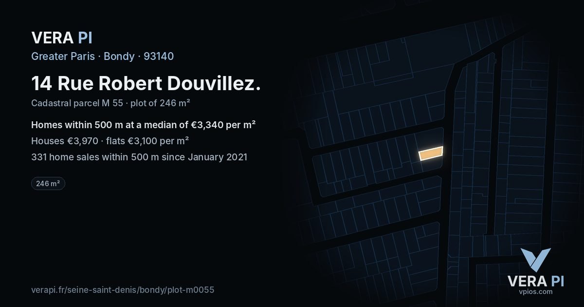 14 Rue Robert Douvillez, Bondy at night – the plot lit, the parcels around coloured by the prices near them