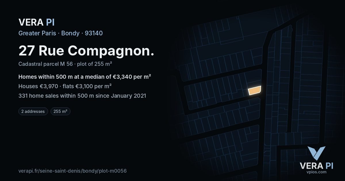 27 Rue Compagnon, Bondy at night – the plot lit, the parcels around coloured by the prices near them