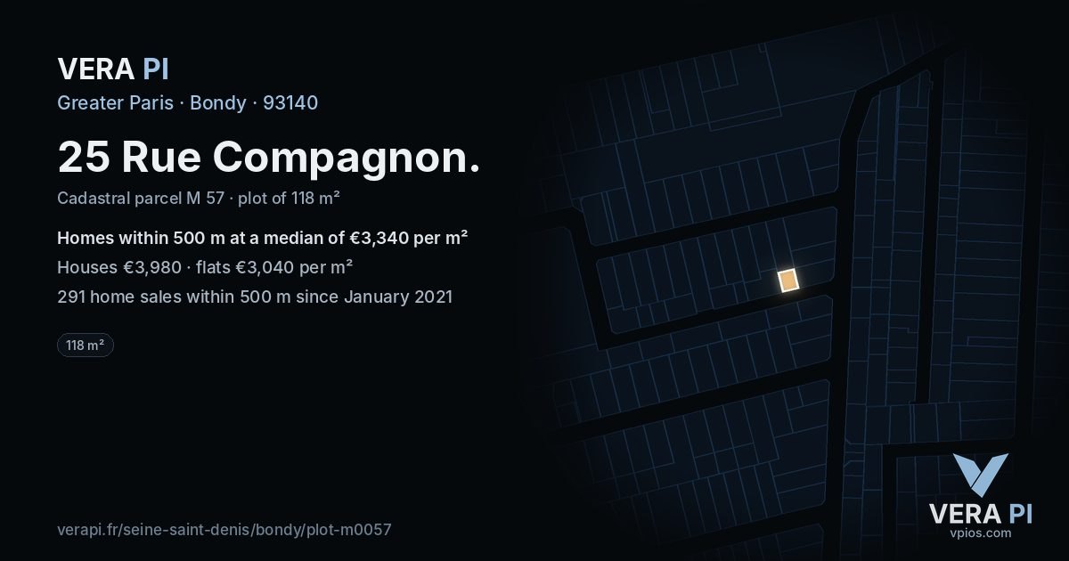 25 Rue Compagnon, Bondy at night – the plot lit, the parcels around coloured by the prices near them