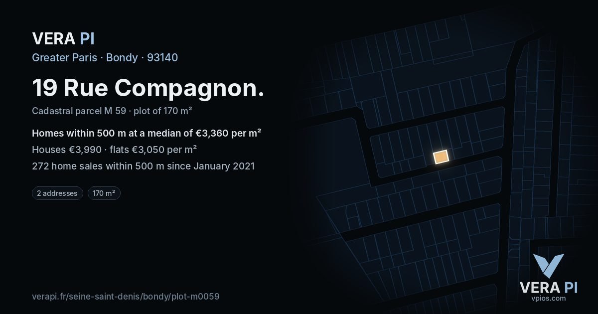 19 Rue Compagnon, Bondy at night – the plot lit, the parcels around coloured by the prices near them