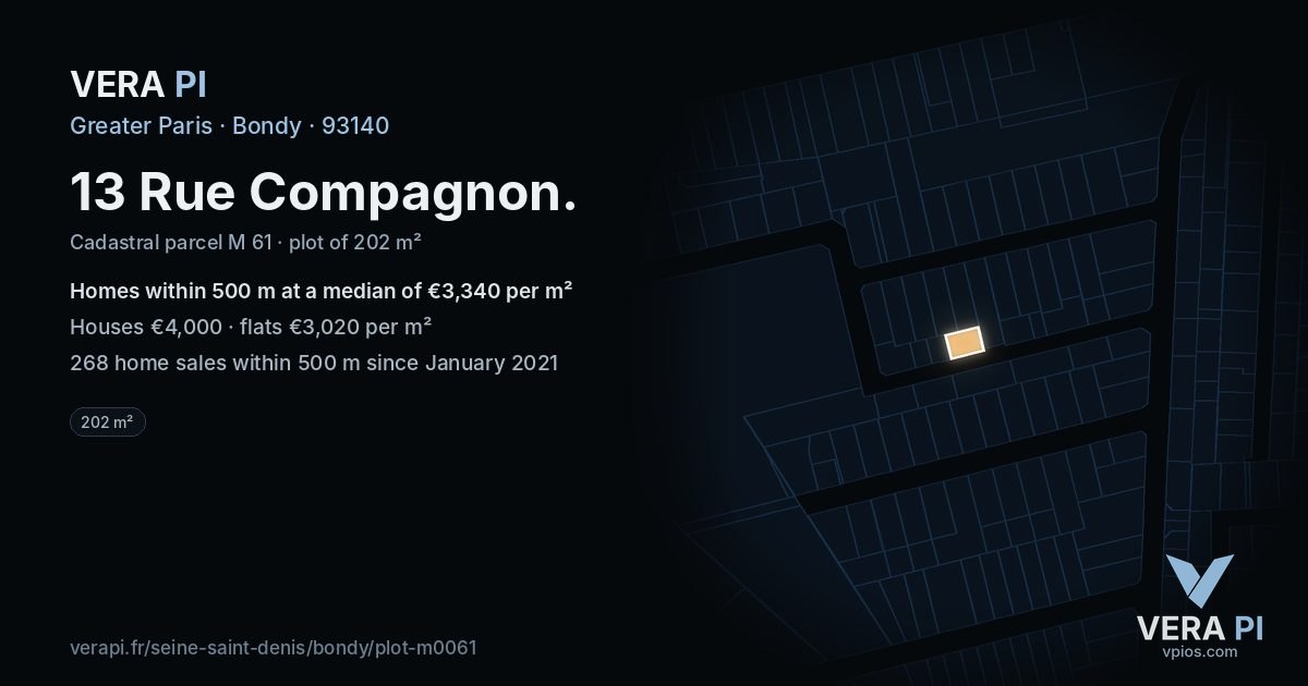 13 Rue Compagnon, Bondy at night – the plot lit, the parcels around coloured by the prices near them