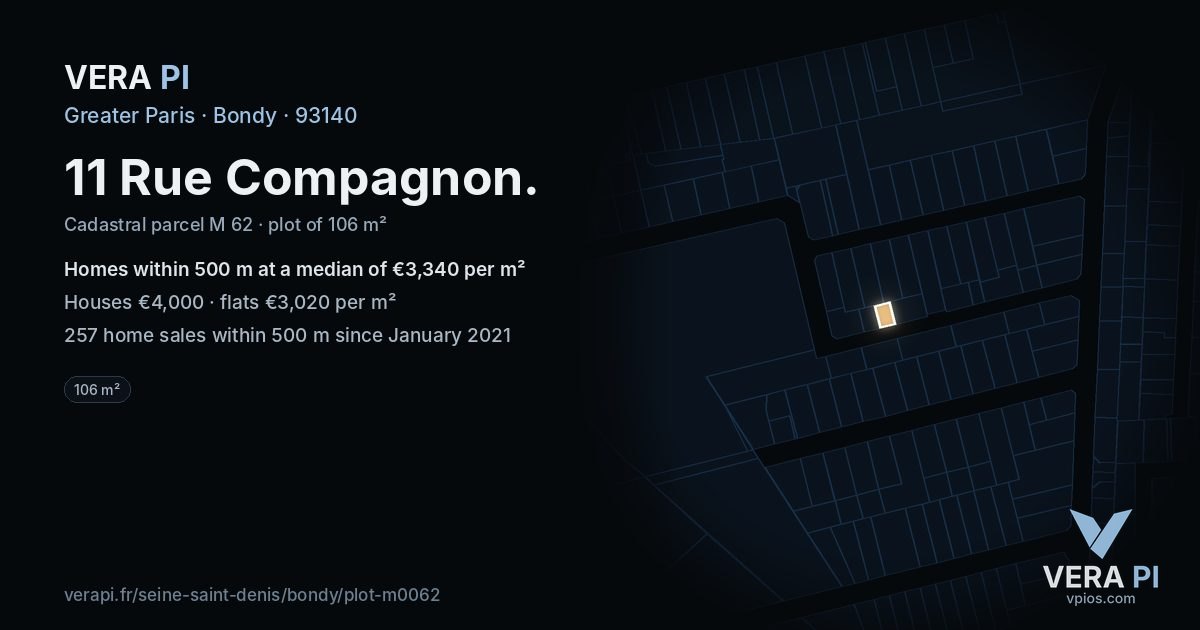 11 Rue Compagnon, Bondy at night – the plot lit, the parcels around coloured by the prices near them