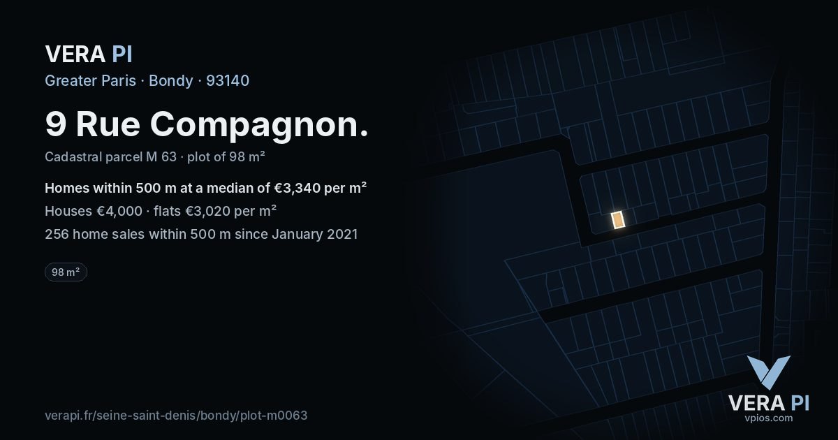 9 Rue Compagnon, Bondy at night – the plot lit, the parcels around coloured by the prices near them