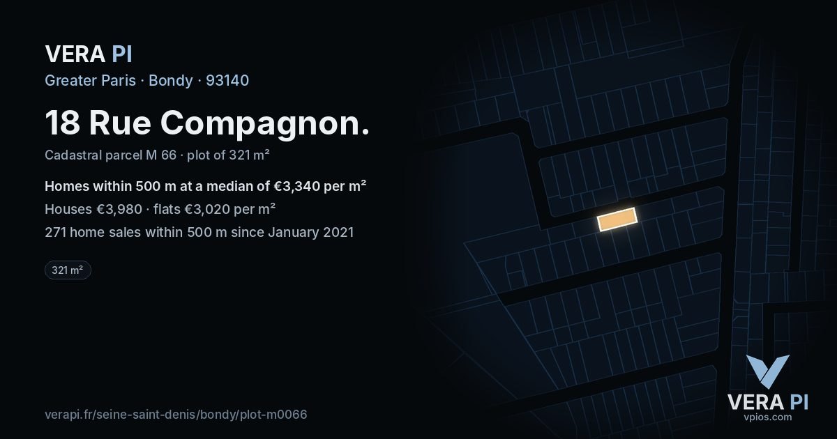 18 Rue Compagnon, Bondy at night – the plot lit, the parcels around coloured by the prices near them