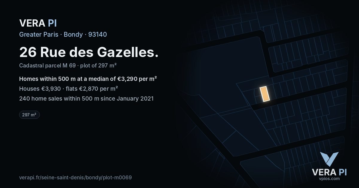 26 Rue des Gazelles, Bondy at night – the plot lit, the parcels around coloured by the prices near them