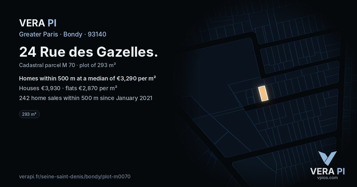 24 Rue des Gazelles, Bondy at night – the plot lit, the parcels around coloured by the prices near them