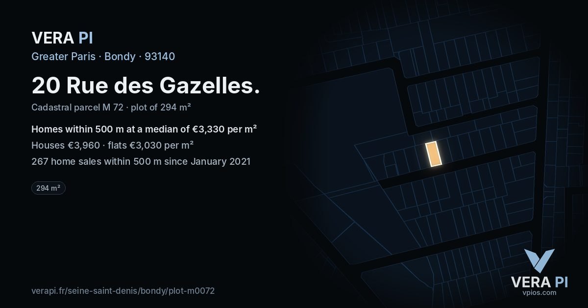 20 Rue des Gazelles, Bondy at night – the plot lit, the parcels around coloured by the prices near them