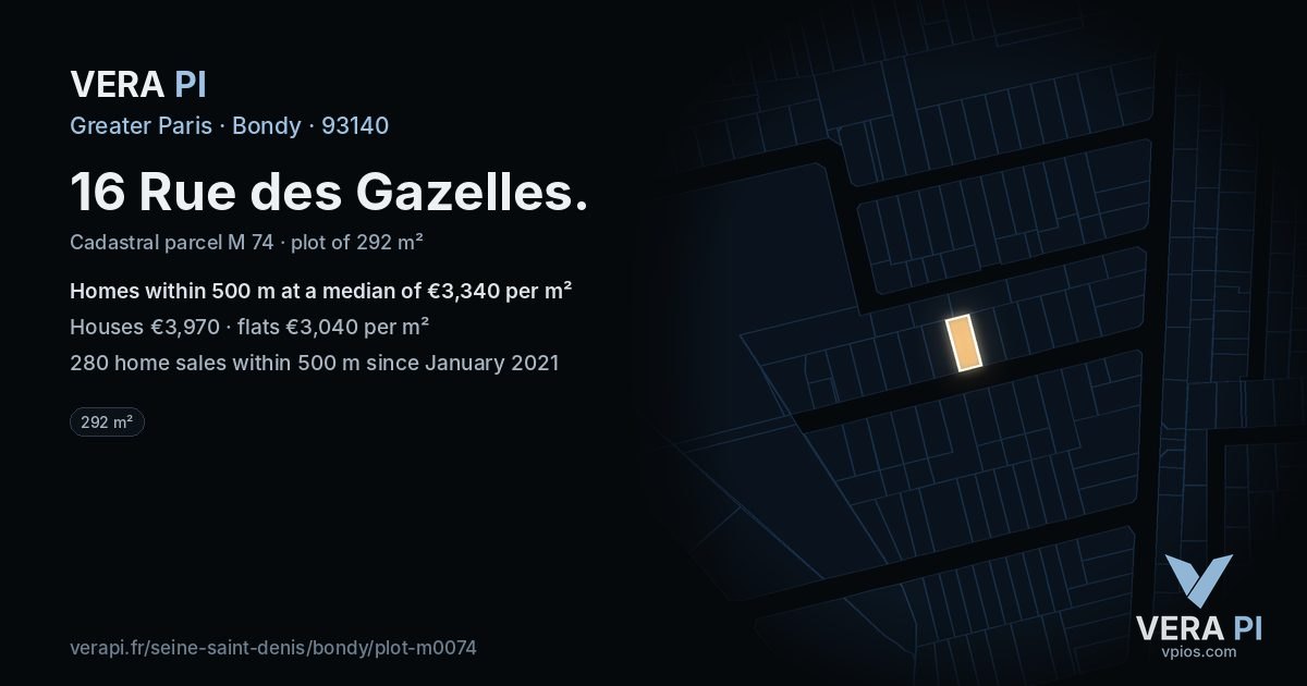 16 Rue des Gazelles, Bondy at night – the plot lit, the parcels around coloured by the prices near them