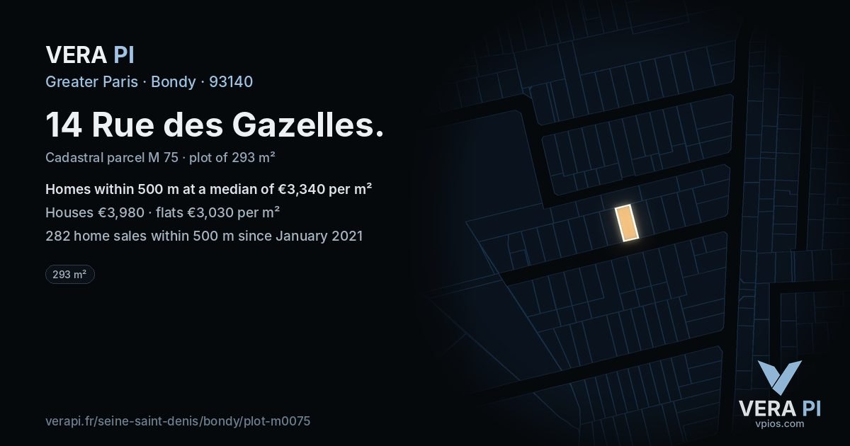 14 Rue des Gazelles, Bondy at night – the plot lit, the parcels around coloured by the prices near them