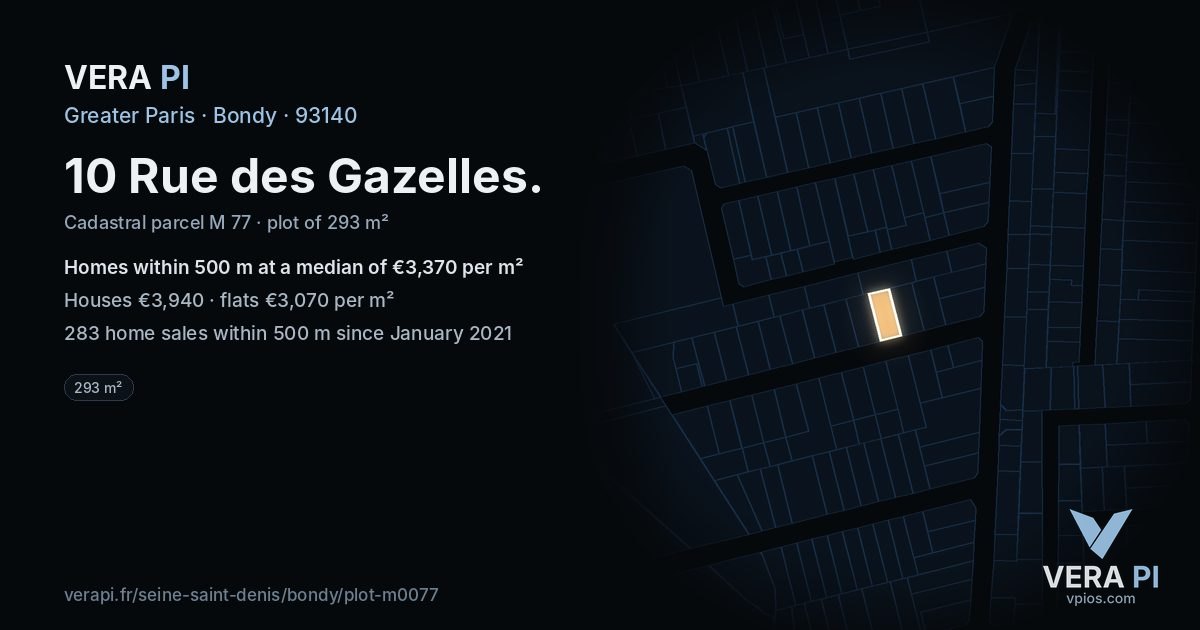 10 Rue des Gazelles, Bondy at night – the plot lit, the parcels around coloured by the prices near them