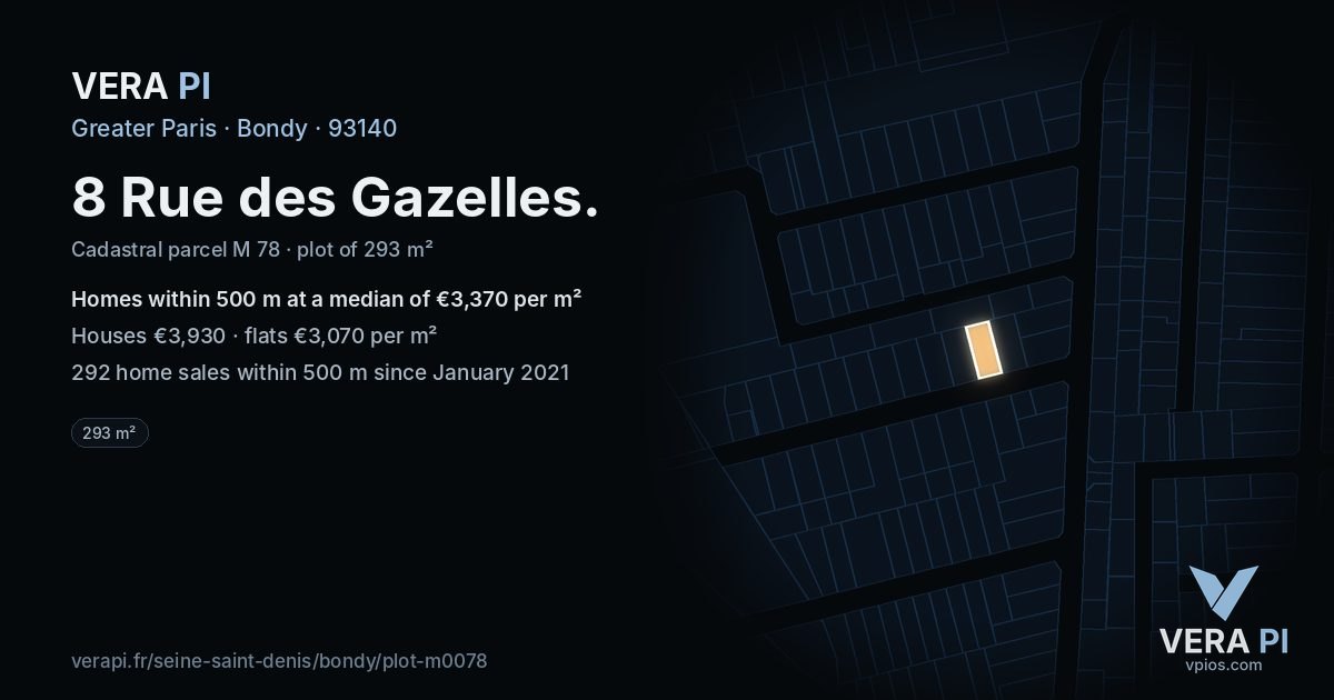 8 Rue des Gazelles, Bondy at night – the plot lit, the parcels around coloured by the prices near them