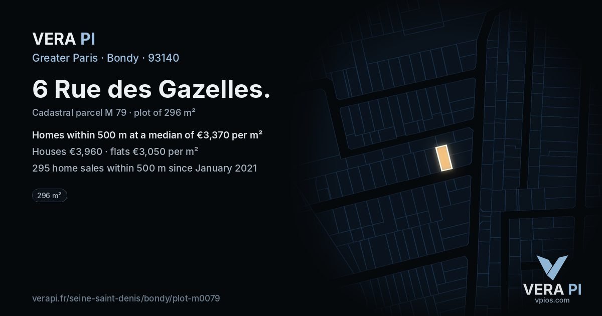 6 Rue des Gazelles, Bondy at night – the plot lit, the parcels around coloured by the prices near them