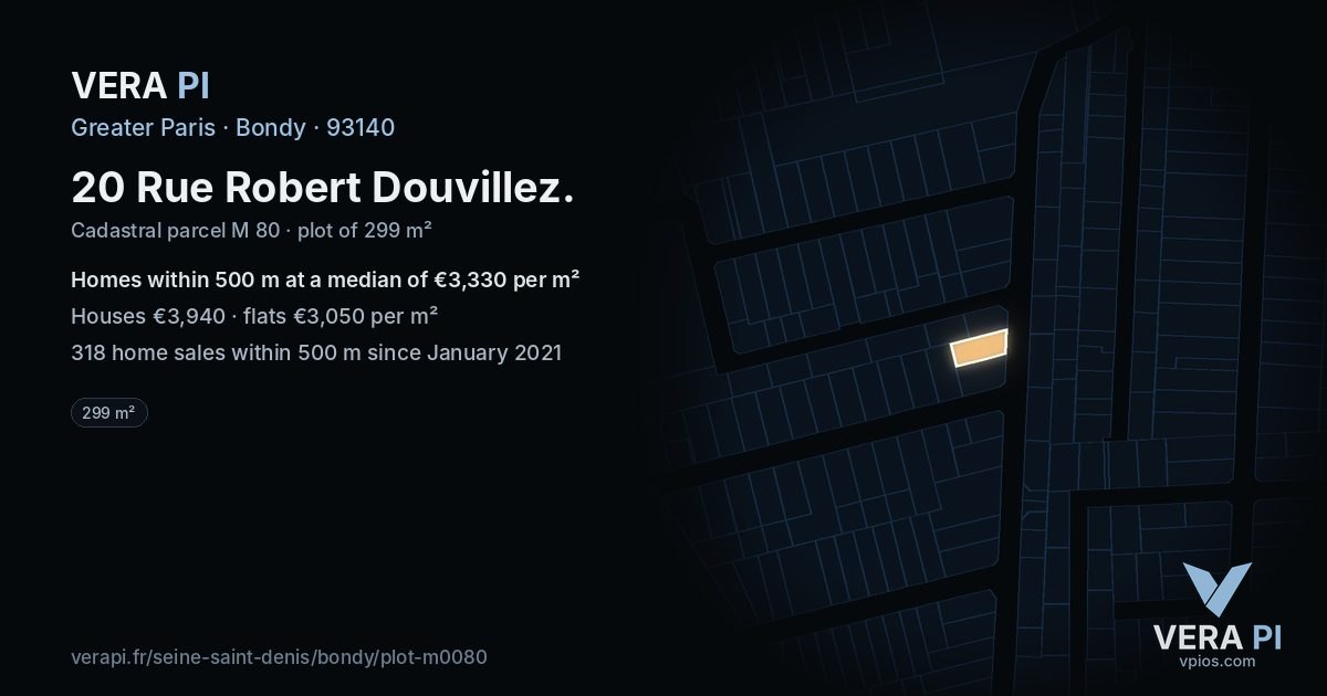 20 Rue Robert Douvillez, Bondy at night – the plot lit, the parcels around coloured by the prices near them