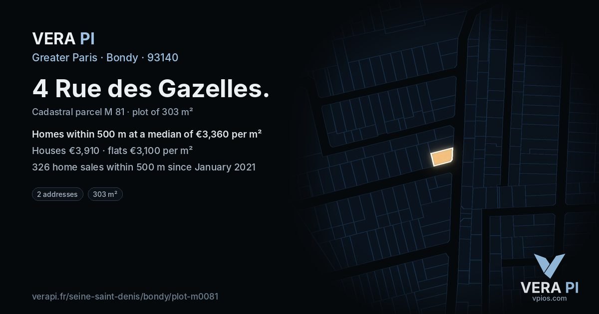 4 Rue des Gazelles, Bondy at night – the plot lit, the parcels around coloured by the prices near them