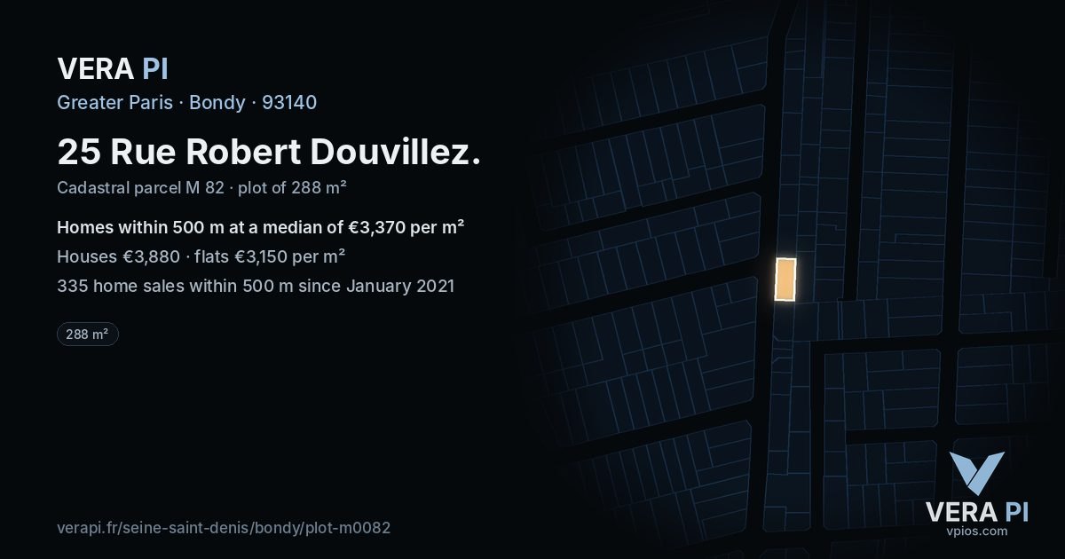 25 Rue Robert Douvillez, Bondy at night – the plot lit, the parcels around coloured by the prices near them