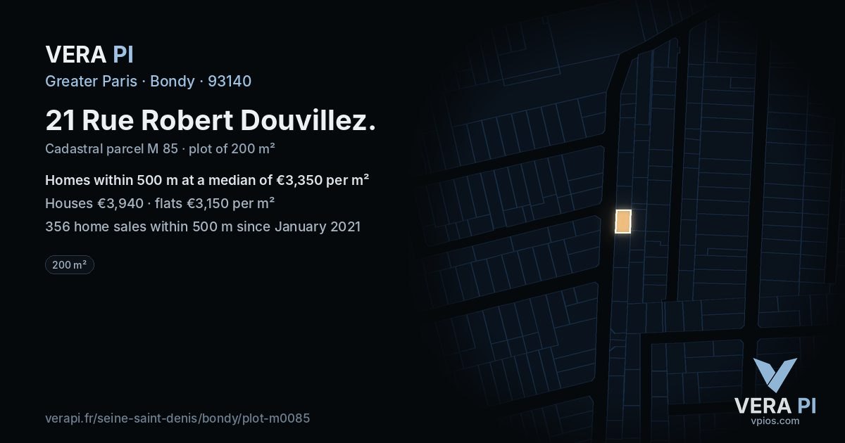 21 Rue Robert Douvillez, Bondy at night – the plot lit, the parcels around coloured by the prices near them