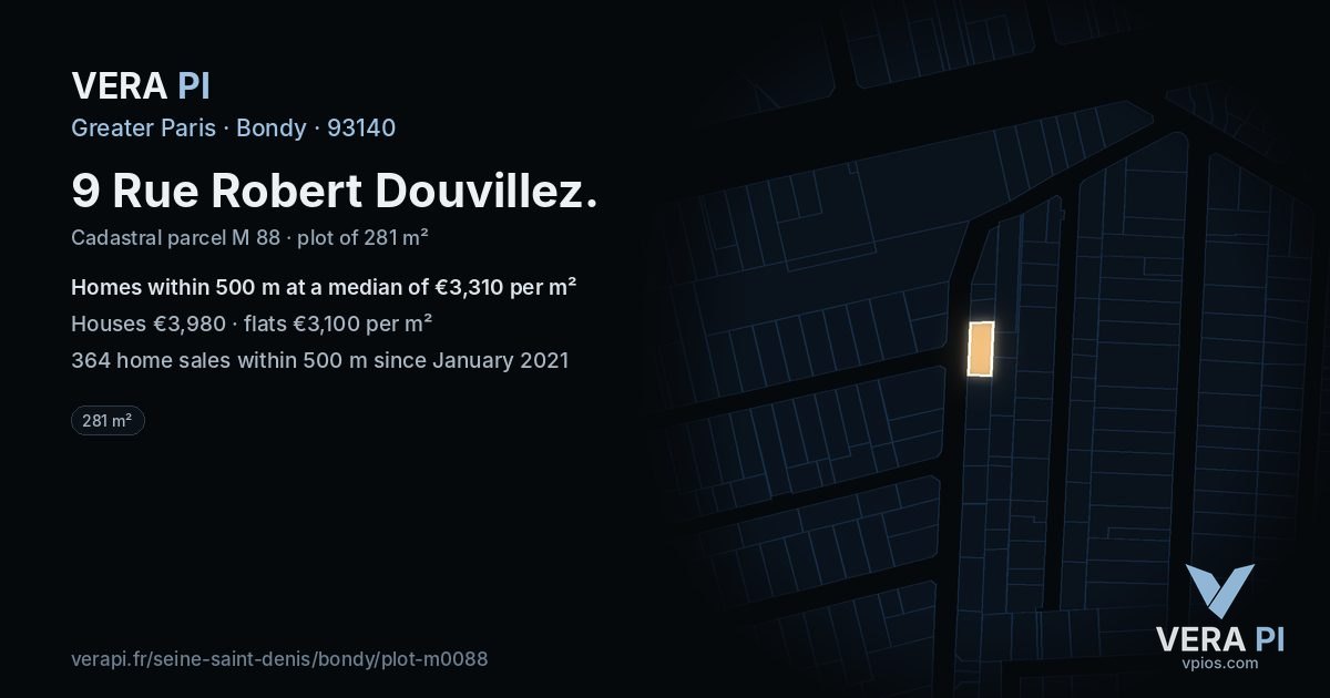 9 Rue Robert Douvillez, Bondy at night – the plot lit, the parcels around coloured by the prices near them