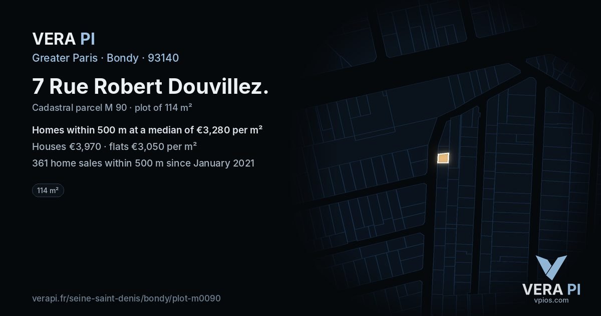 7 Rue Robert Douvillez, Bondy at night – the plot lit, the parcels around coloured by the prices near them