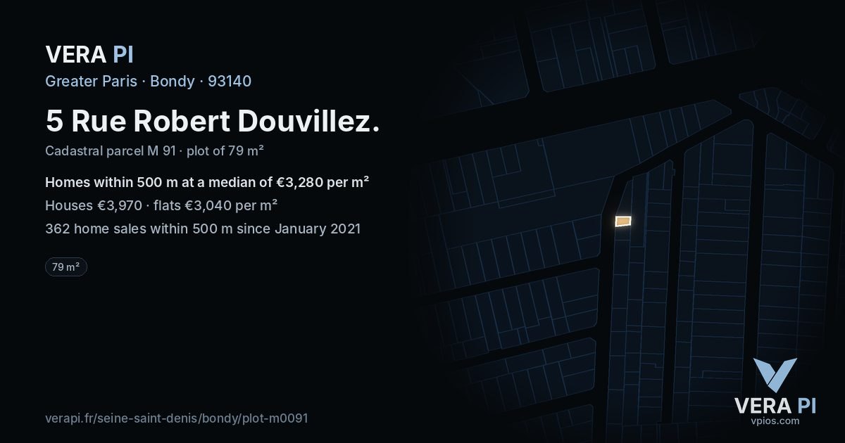5 Rue Robert Douvillez, Bondy at night – the plot lit, the parcels around coloured by the prices near them
