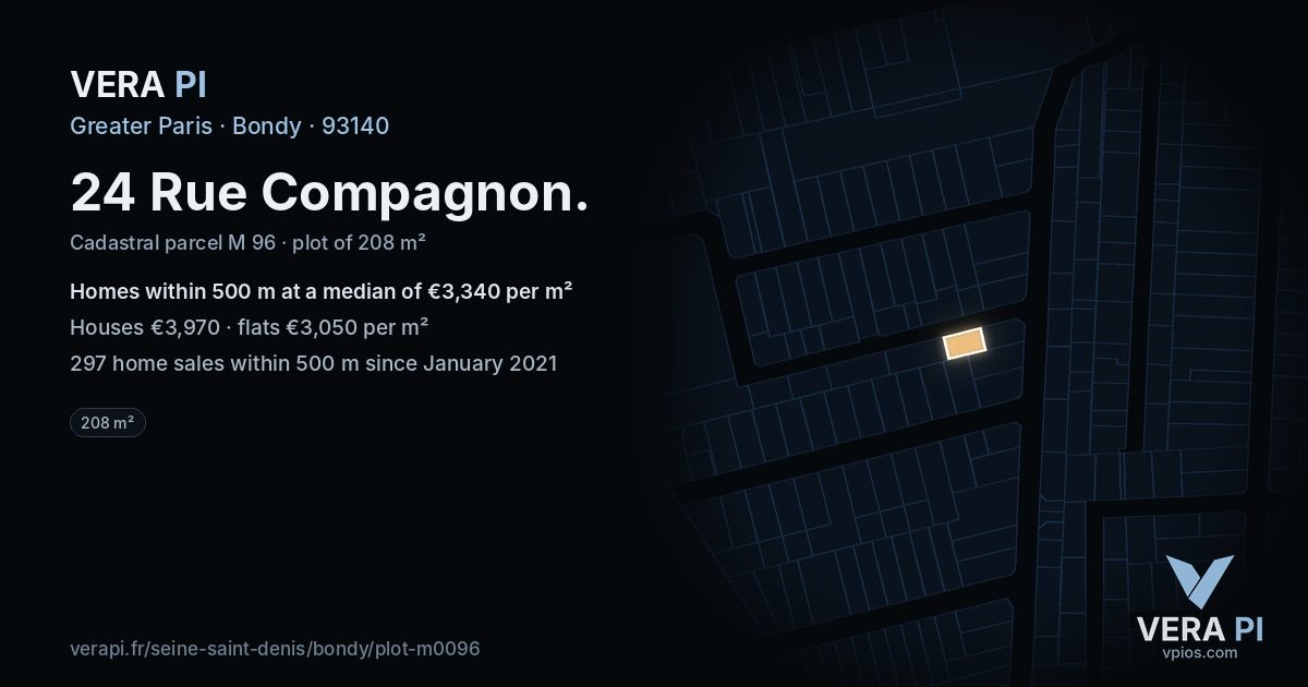 24 Rue Compagnon, Bondy at night – the plot lit, the parcels around coloured by the prices near them