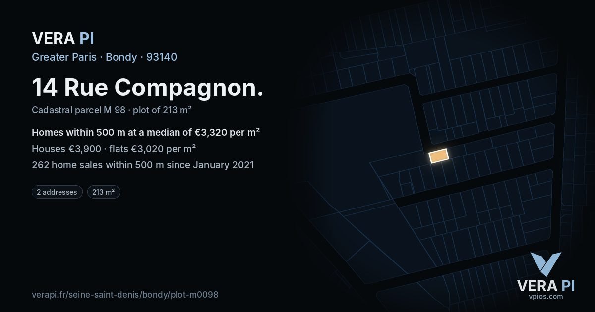 14 Rue Compagnon, Bondy at night – the plot lit, the parcels around coloured by the prices near them
