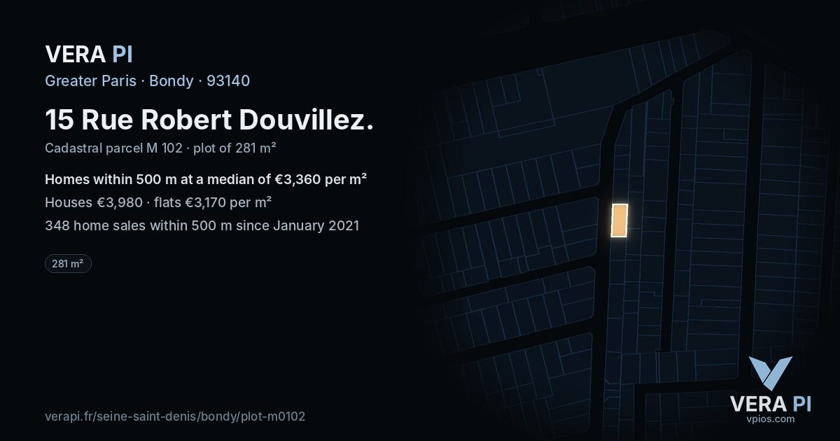 15 Rue Robert Douvillez, Bondy at night – the plot lit, the parcels around coloured by the prices near them