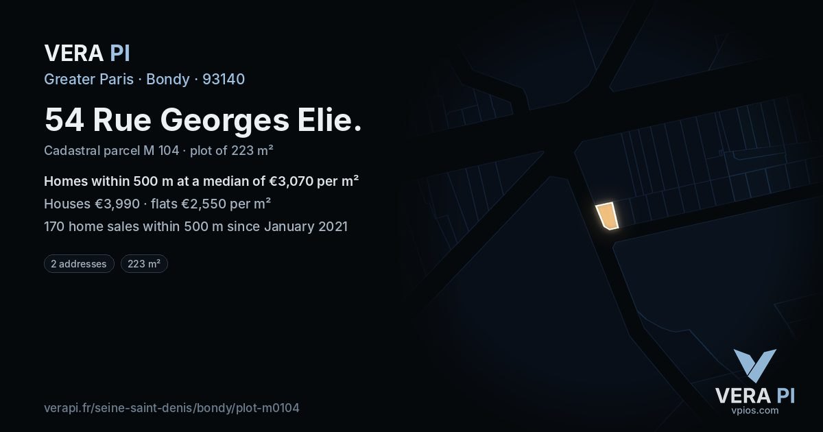 54 Rue Georges Elie, Bondy at night – the plot lit, the parcels around coloured by the prices near them