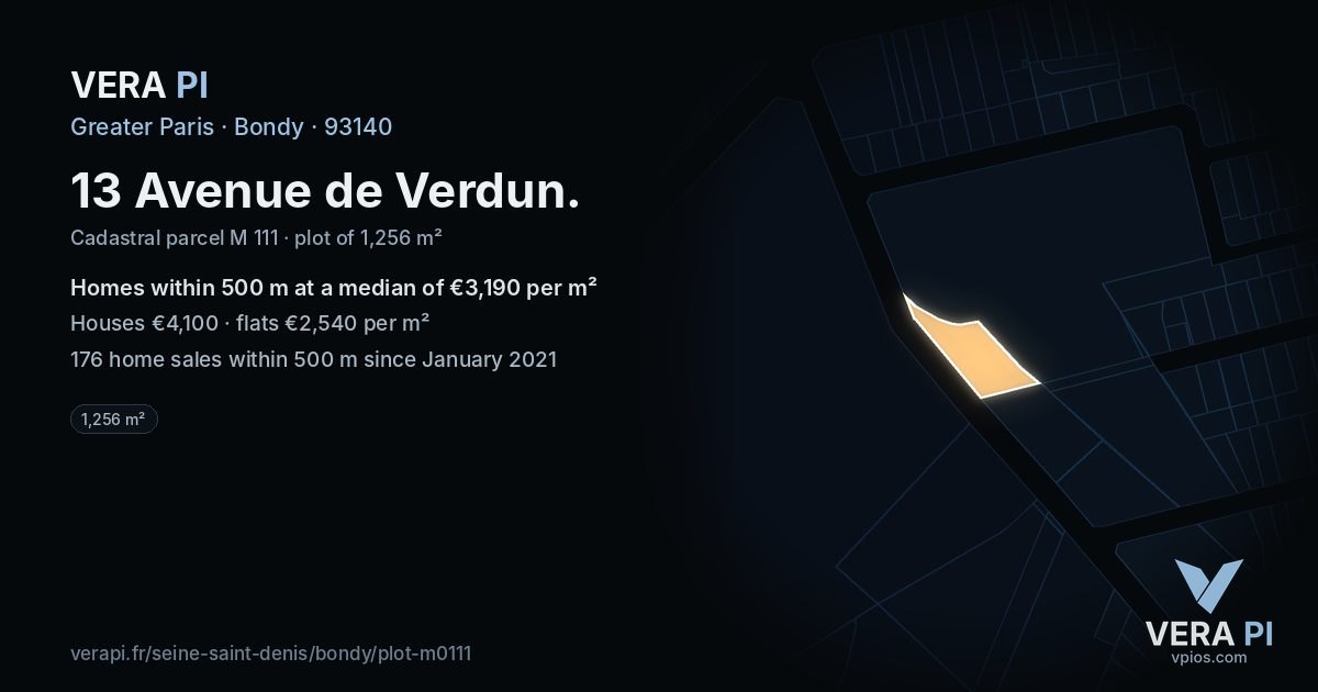 13 Avenue de Verdun, Bondy at night – the plot lit, the parcels around coloured by the prices near them