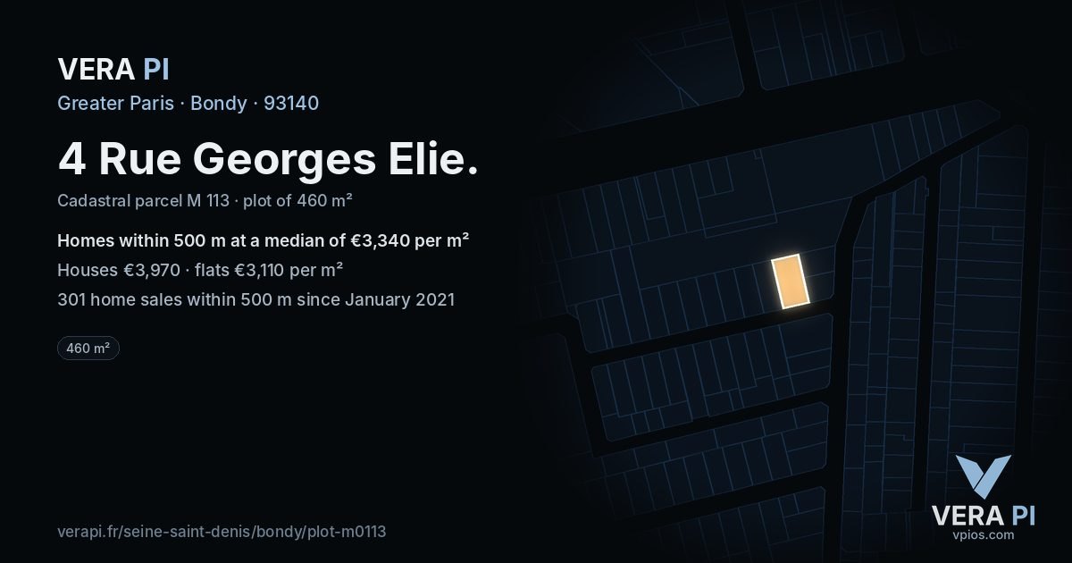4 Rue Georges Elie, Bondy at night – the plot lit, the parcels around coloured by the prices near them