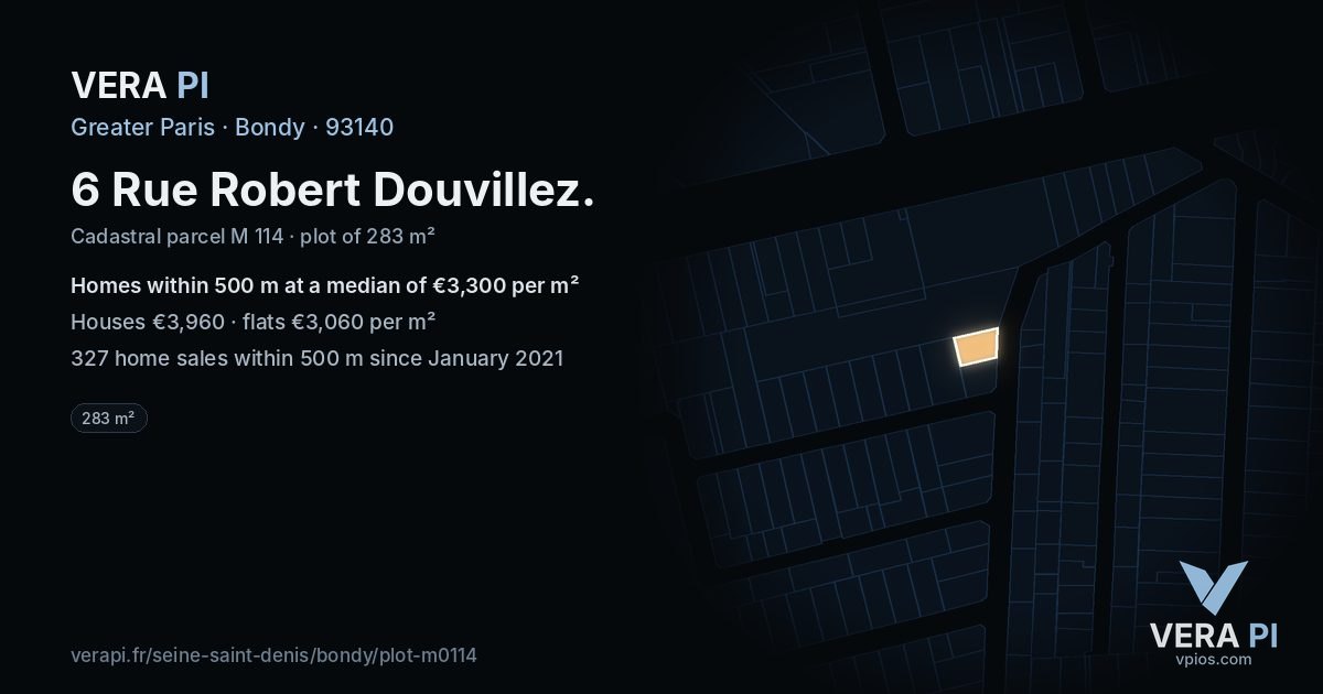 6 Rue Robert Douvillez, Bondy at night – the plot lit, the parcels around coloured by the prices near them