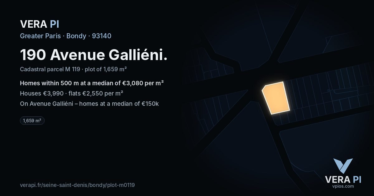190 Avenue Galliéni, Bondy at night – the plot lit, the parcels around coloured by the prices near them
