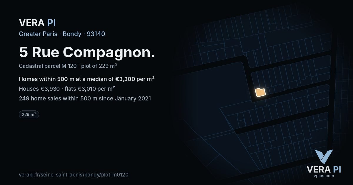 5 Rue Compagnon, Bondy at night – the plot lit, the parcels around coloured by the prices near them